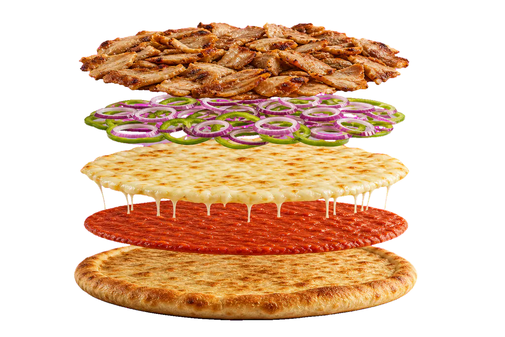 Schwebende Schichten einer Drehspieß-Pizza: Pizzaboden, Tomatensoße, Käse, Gemüse und Drehspießfleisch