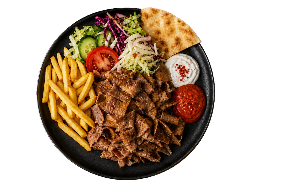Drehspieß Teller mit Pommes, Salat, Brot und Soßen